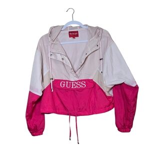 GUESS Vintage Vibrant Pink, Blush, and Cream Bomber Crop Jacket Size Medium
